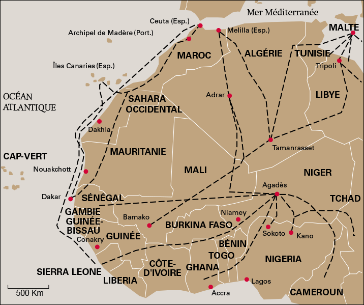 Map of African immigration to Europe, showing the routes in West-Africa that were in use 2007