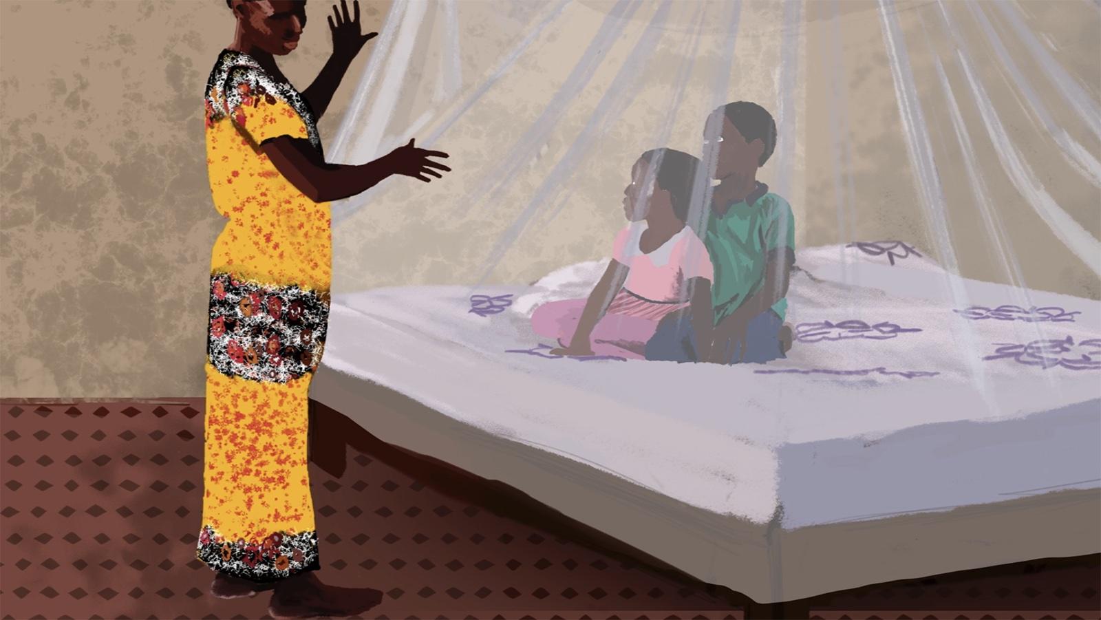 A mother standing by a bed with a bed net over it. Two children sitting on the bed.