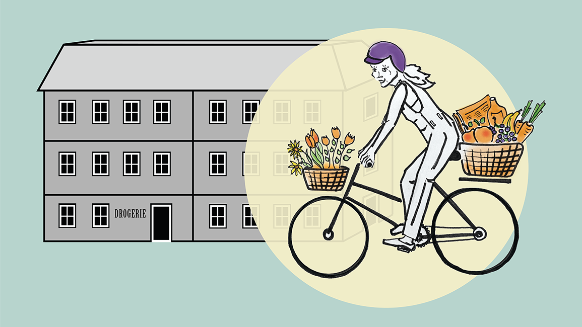 Illustration Lieferantin auf Fahrrad mit Post, Esswaren und Blumen