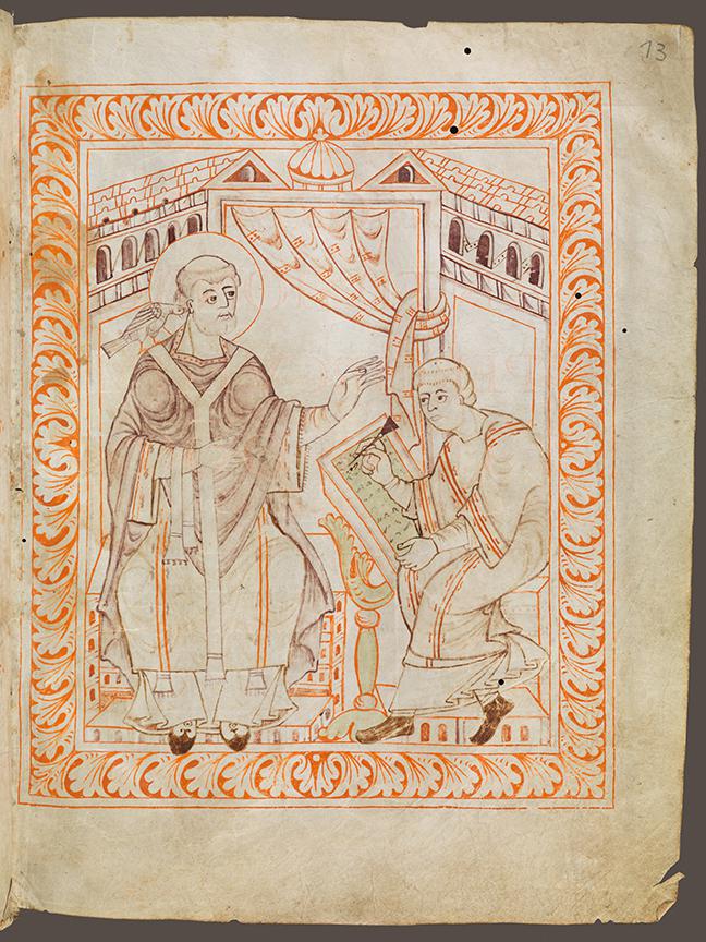 Man sitting and writing neumes while Gregor on the left is dictating the music