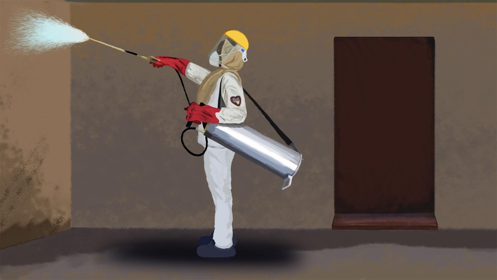 Person wearing protective gear, carrying a canister of insecticide spray, spraying the indoor walls of a house
