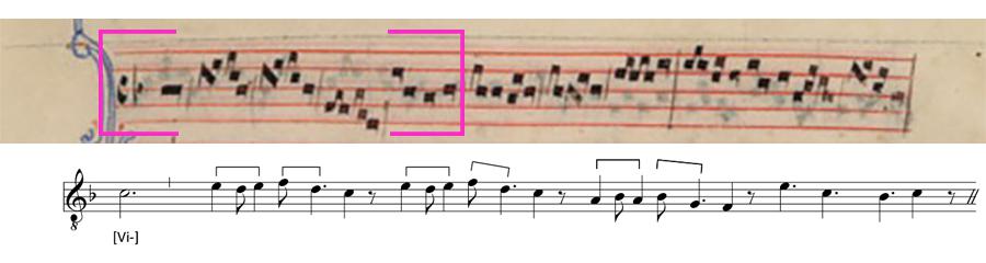First voice of the manuscript in square notation and a modern transciption