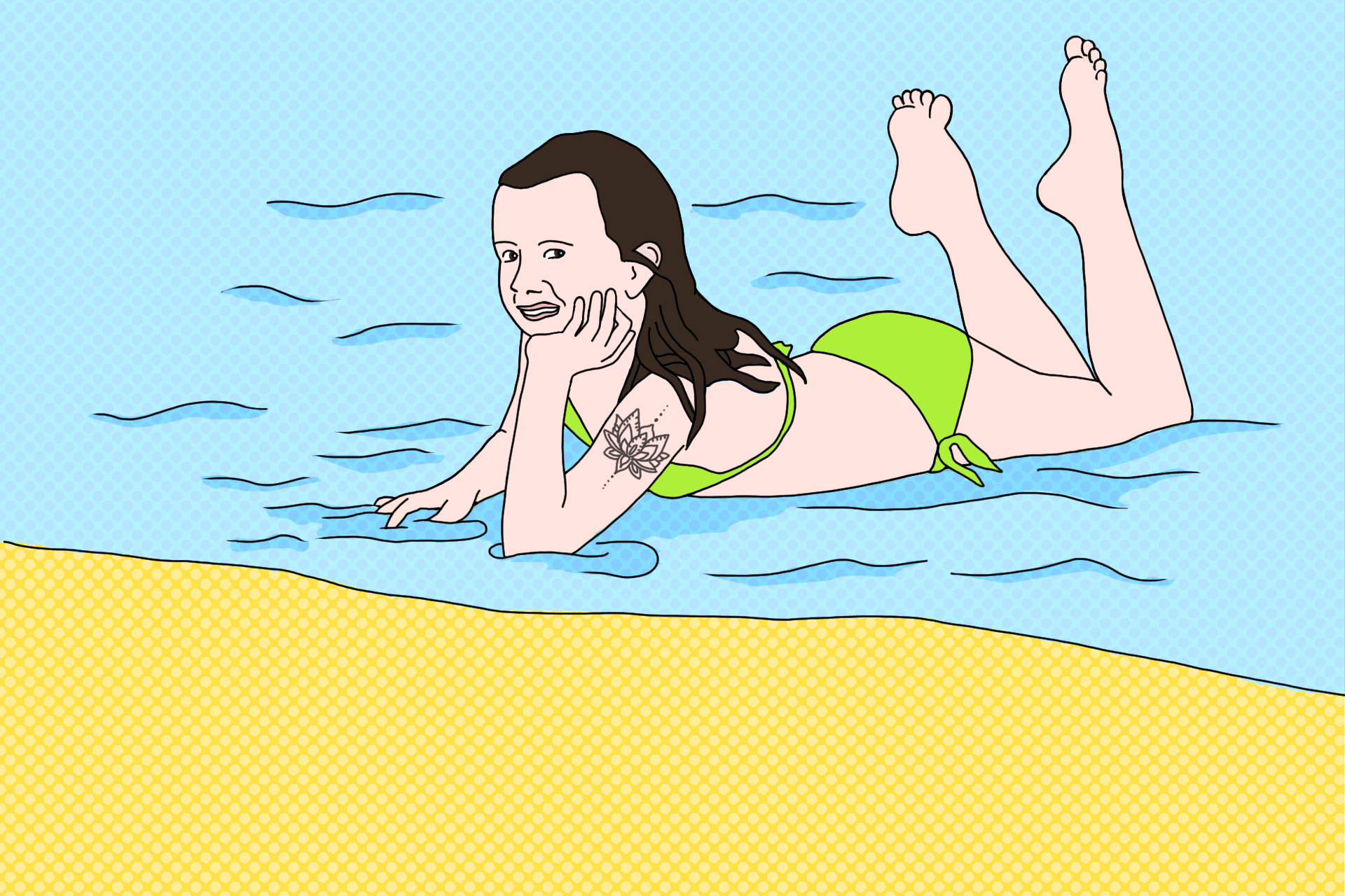The illustration shows a girl lying at the beach. She has got a henna tattoo on her upper arm.