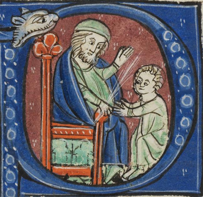 Man sitting and teaching a boy: a detail taken from an initial in a St. Gallen manuscript.