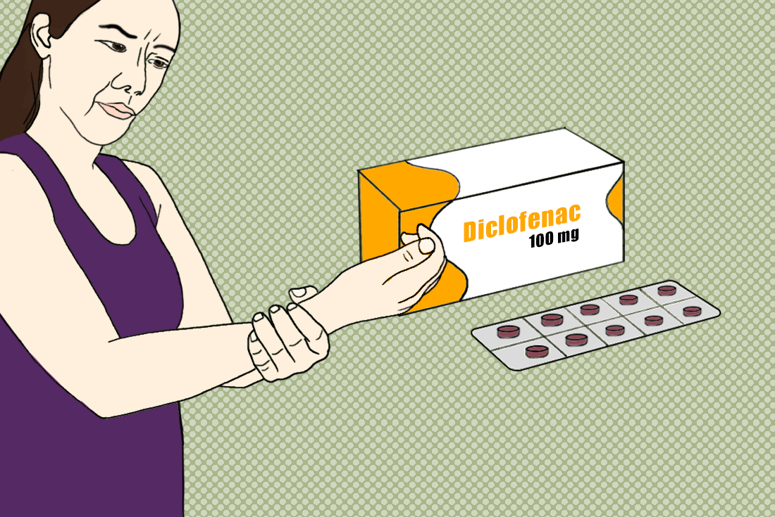 The illustration shows a women with a hurting wrist as well as a package of diclofenac, an analgesic.
