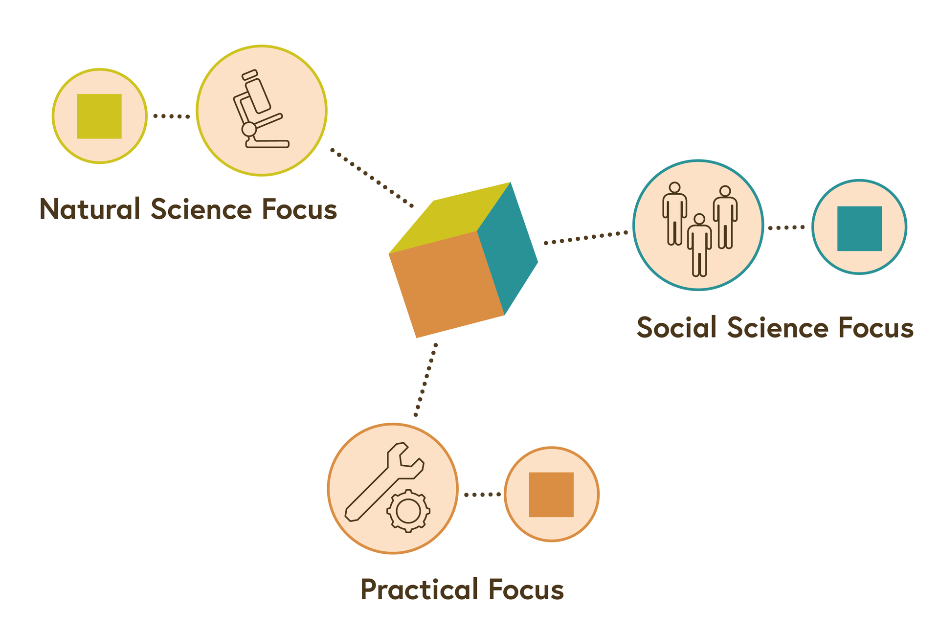 A graph showing three different perspectives of a cube: the natural science focus, the social science focus and the practical focus