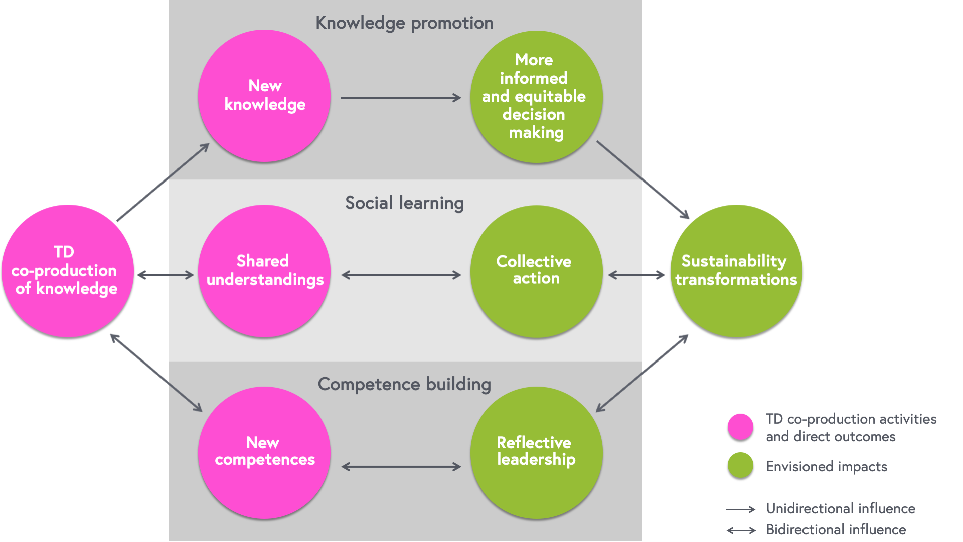 Scheme depicting the generic mechanisms for impact generation, which involves knowledge promotion, social learning, and competence building.
