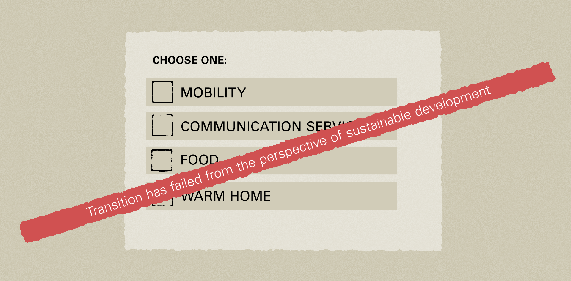Image showing the choices of mobility, communication services, food and warm home, with a red line crossing out the choices that reads “Transition has failed from the perspective of sustainable development”.