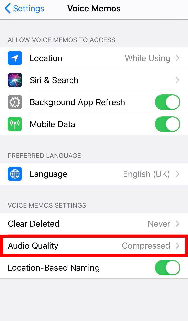 Screenshot of the audio quality settings