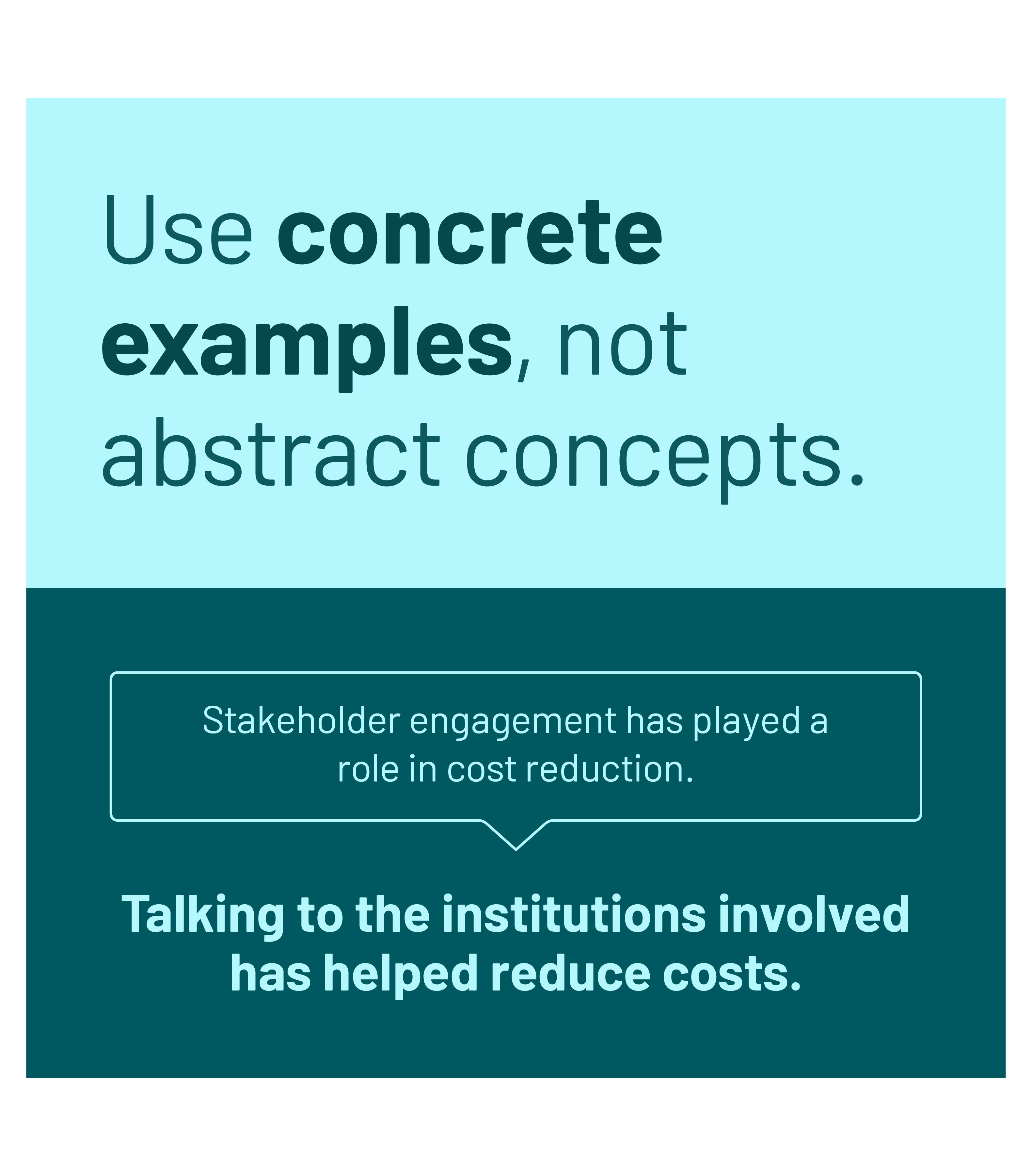Use concrete examples, not abstract concepts, with example